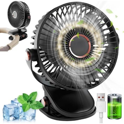 Ventilateur Pince Petit Ventilateur de Bureau, 1200 mAh Mini Ventilateur USB Silencieux, 3 Vitesses Rotation 720° (Noir) (1/5)