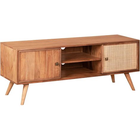 KESIAH - Meuble TV 2 portes 2 niches en acacia finition teinté teck avec plaquage cannage (1/4)