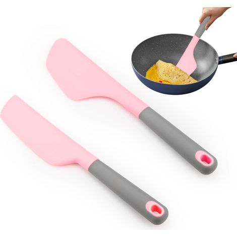 Lot de 2 spatules à œufs en silicone, tête large + tête longue, spatule à omelette en caoutchouc bonne prise en main, antiadhésive, résistante à la chaleur, pour crêpes et pizzas, rose (1/5)