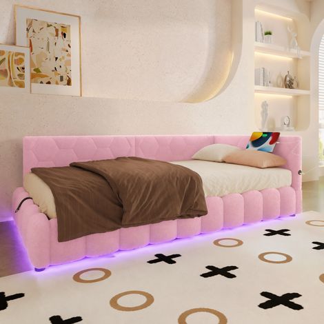 Cama diván 90x200 cm rosa en imitación de fieltro con almacenaje hidráulico y LED (1/5)