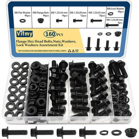 M8-1.25 Boulon x (Longueur 16/20/25/30mm) Kit d'assortiment de boulons de tête de bride (160 pièces) avec boulon de 8mm, écrous de bride dentés, rondelles, finition en oxyde noir en acier allié plaqué (1/5)
