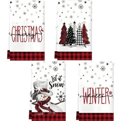 4pcs Torchons de Noël, Torchon Vaisselle de Noël, 40 x 60 cm Decoration Noels Torchon Cuisine Serviettes, Torchons de Cuisine Noëls, Bonhomme de Neige, Arbres (1/5)