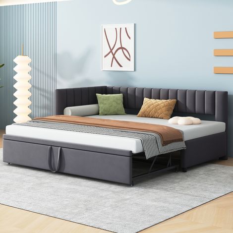 sofá cama extraíble L terciopelo gris 90x200 OKMYHOME (1/5)