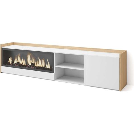 Mueble TV Montejaque-01 de 212x50x35 cm con chimenea eléctrica XXL, color blanco y roble soft (1/4)