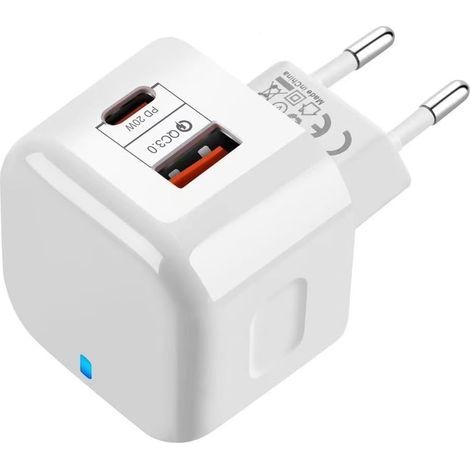Dual-Port-USB-C-Schnellladegerät (5 V, 3 A) mit USB-C- und USB-A-Anschlüssen, 20-W-Flachsteckdosenleiste mit USB-C-Anschluss für iPhone, Samsung, Huawei, Tablets, europäischer Stecker (1/5)