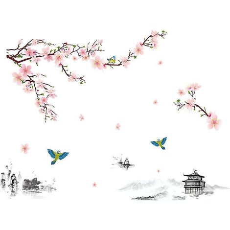 stickers Muraux Fleurs De Pcher & Oiseaux (240x150 Cm) I Autocollant Sticker Mural Roses Cerisier Arbre Branche Plantes Pour Salon Chambre Cuisine (1/5)