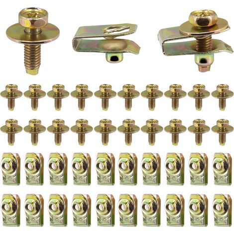 20 bulloni lunghi M6-1,0 x 20 mm - esagonali da 10 mm - rondelle da 17 mm - 20 dadi a U - clip di montaggio del cofano motore, paraspruzzi