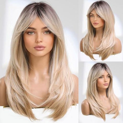 Perruque blonde pour femme, cheveux synthétiques longs et naturels, fibre résistante à la chaleur, blond clair, 56 cm (22 pouces).