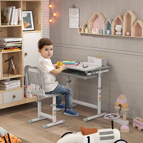 Gris - Ensemble de bureau et de chaise pour enfants, bureau d’écriture ajustable pour élèves, avec tiroir, emplacement pour stylo, crochet (1/4)