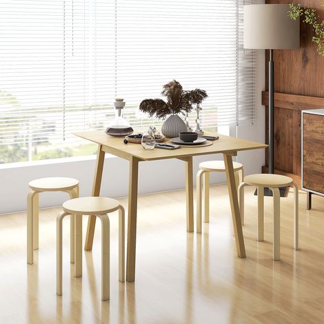 Set di 4 sgabelli impilabili, sgabelli rotondi in legno, portata 120 kg, per cucina e soggiorno, Ø40x45 cm, legno naturale. (1/5)