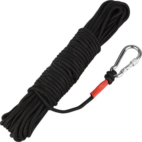 Hochfestes Sicherheitsseil, geflochtenes Nylonseil, Kletterseil, Rettungsseil, mit Karabiner, Outdoor-Seil, für magnetisches Angeln, hohe Festigkeit, Sicherheit (6 mm schwarz) (1/5)