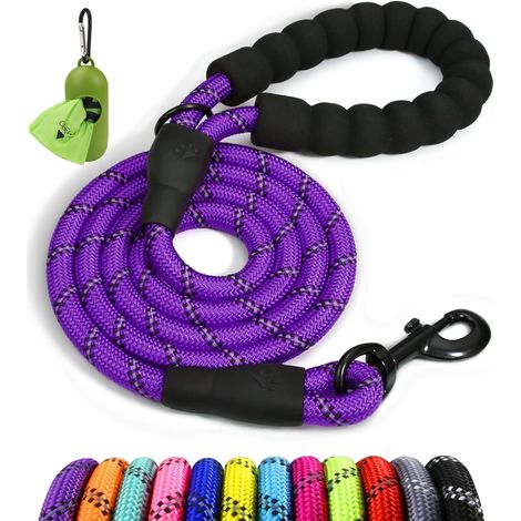Laisse pour chien en corde avec poignée rembourrée souple, 1,2 m, réfléchissante et multicolore, pour chiens moyens et grands, 1,2 cm, violette (1/5)