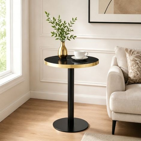 Mesa auxiliar redonda de 60 cm efecto mármol negro, borde dorado, estructura de metal negro DESVIAE (1/5)