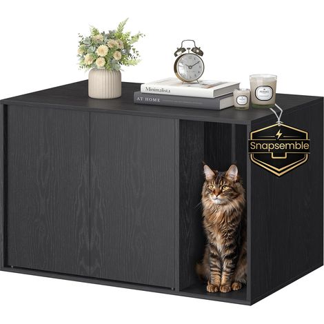 Meuble Litière Chat, Assemblage Ultra-Rapide sans Outils Toolless, Cache-litière pour Grands Chats, Porte à Ouverture par Pression, Table, Minimaliste, Moderne, Noir Boisé PCL013B03 (1/5)