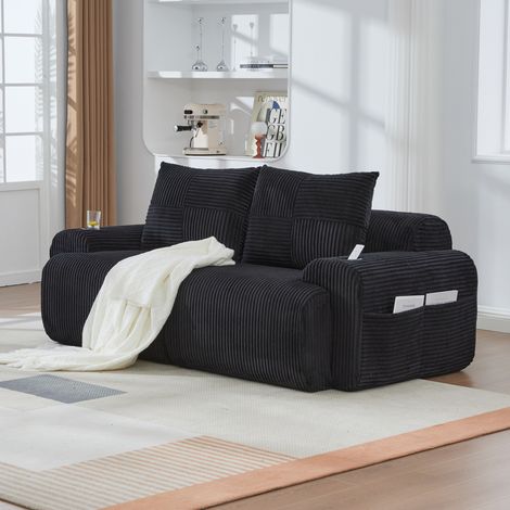 Canapé 2 places modulaire en tissu côtelé noir 200x99x80 cm, avec porte-gobelet et poche latérale (1/5)