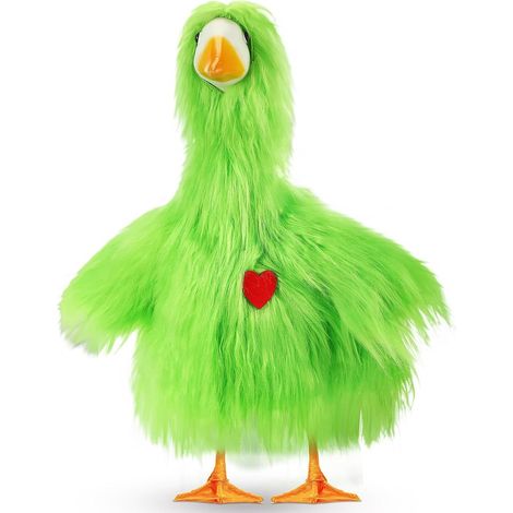 Costume en fausse fourrure façon Grinch pour statue d'oie de jardin, Tenue verte à poils longs en une pièce avec écusson en forme de cœur rouge (1/4)