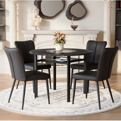 Set da pranzo con tavolo rotondo e 4 sedie in MDF, vetro, metallo e PU nero, tavolo Ø100 cm con ripiano in vetro (1/5)