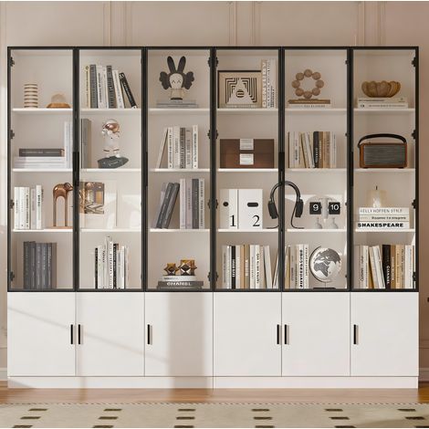 Vitrine haute 240 x 32 x 200 cm en MDF et verre, blanche, avec LED et 12 portes (1/5)