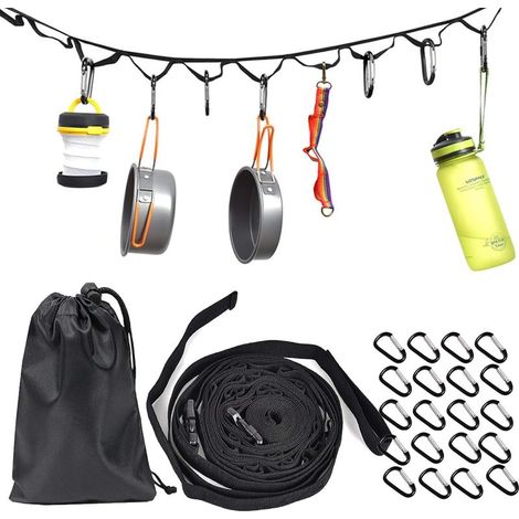 Corde de Camping de 4.5 mètres avec 19 mousquetons Porte clés, Corde Portable de Suspension avec Crochets pour Le Camping, la randonnée, Les Accessoires de Tente en Plein air (1/5)