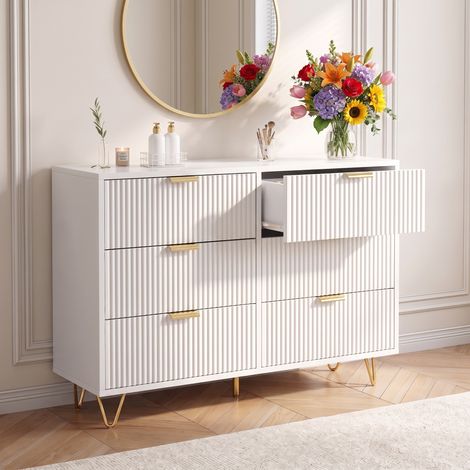 Cassettiera 6 cassetti 100x34x73 cm - Mobiletto salvaspazio per camera da letto e soggiorno in mdf e metallo moderno motivo ondulato - Bianco e oro (1/5)