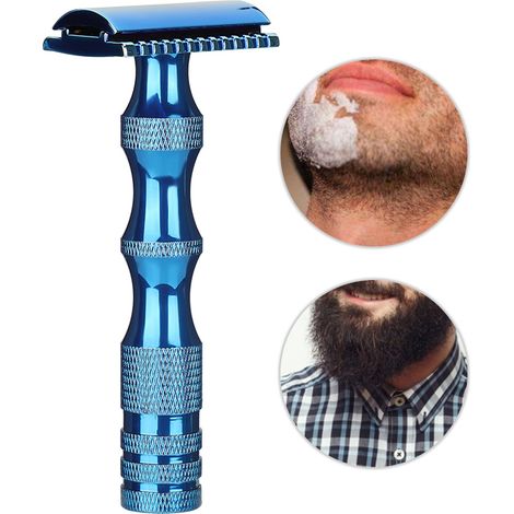Rasoir manuel classique pour homme, manche en métal antidérapant, double lame, style vintage (bleu) (1/5)