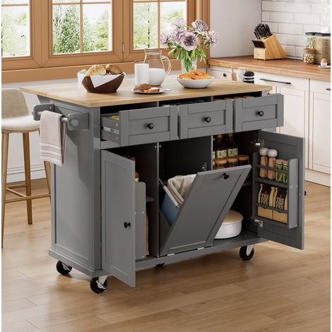 REDOM - Isola da cucina 112x46.2x92.7 cm, piano di lavoro estensibile, vano rifiuti, cassetti, MDFnaturale e grigio (1/5)