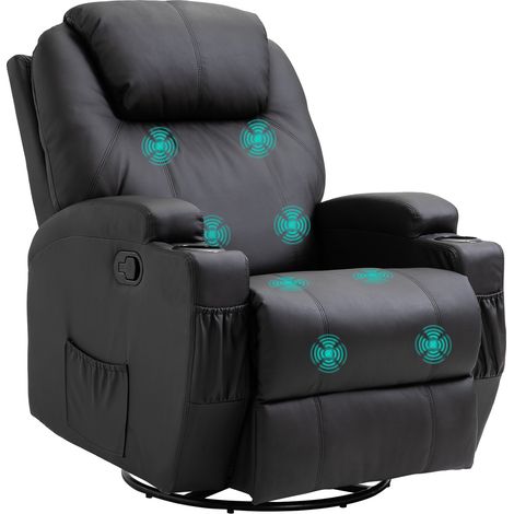 Poltrona Massaggiante Reclinabile 165° Manuale, Poltrona Relax Girevole con Funzione Dondolo, 2 Portabicchieri, Telecomando, Poggiapiedi e 4 Tasche Laterali, in Pelle PU, Nero
