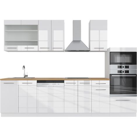 Mueble de cocina Fame-Line, Blanco alto brillo/blanco, 300 cm con armario alto, ET Roble, Vicco
