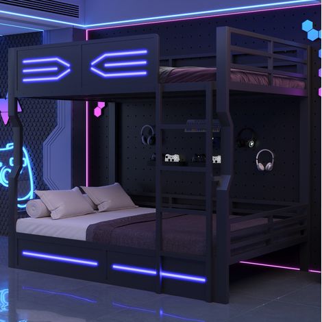 Litera 140 x 200 cm con LED, escalera recta, barreras de seguridad, negra DESVIAE (1/5)