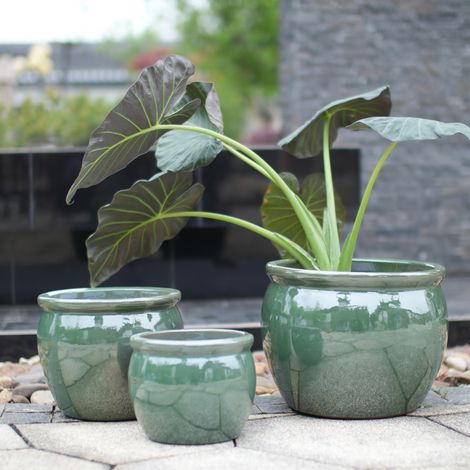 Set di vasi da pianta in ceramica fatti a mano - 3 pezzi (Ø 37/30/23 cm), Blu verde antico lucido con smalto a spruzzo naturale, traspirante, resistente al gelo, con fori di drenaggio per giardino e b (1/5)