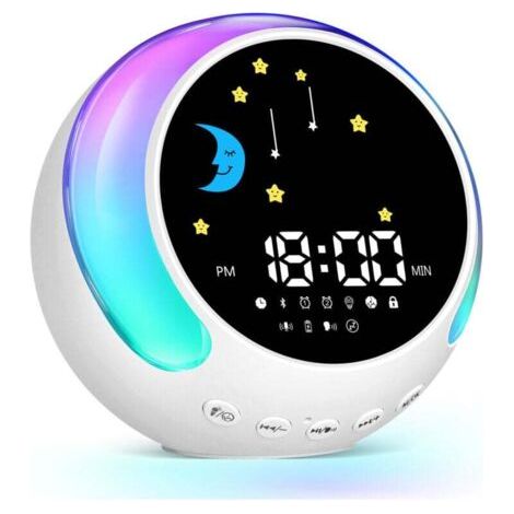Réveil pour enfants avec veilleuse tactile, sonneries d'alarme à enregistrer soi-même, mode double alarme, réveil vocal, hypnose sonore blanche, haut-parleur Bluetooth, idéal comme cadeau