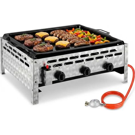 Edelstahl Gasbräter 3-flammig 12 kW, Gasgrill Kommerzieller, Profi Gastrobräter & Tischbräter mit Emaille-Grillplatte, Gleichmäßig Tischgrill für Gastronomie, Outdoor, Garten, 69x52x27 cm (1/5)