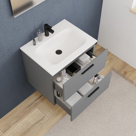 Ceramia Set complet 60 cm : vasque blanc mat + meuble certifié FSC gris foncé (CERAMIA-4DG60-V) (1/4)