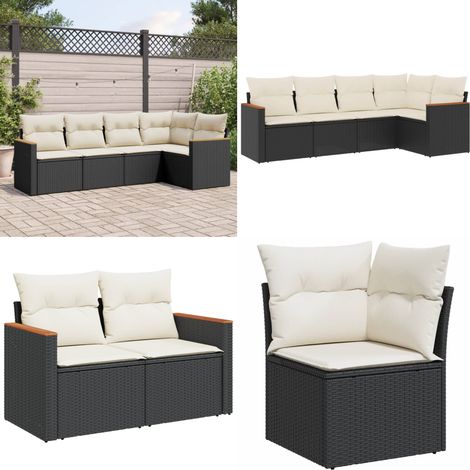 Salon de jardin 5 pcs avec coussins noir résine tressée - Salon De Jardin - Mobilier Extérieur - Canapé D'angle - Fauteuil De Jardin - Set Salon De Jardin - Home & Living (1/5)
