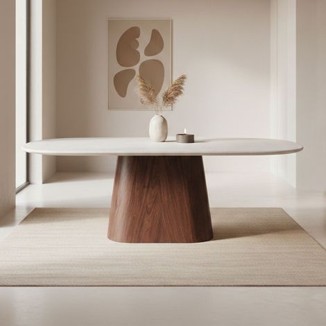 Table repas 220x100x76,5 cm décor béton beige et pied effet noyer