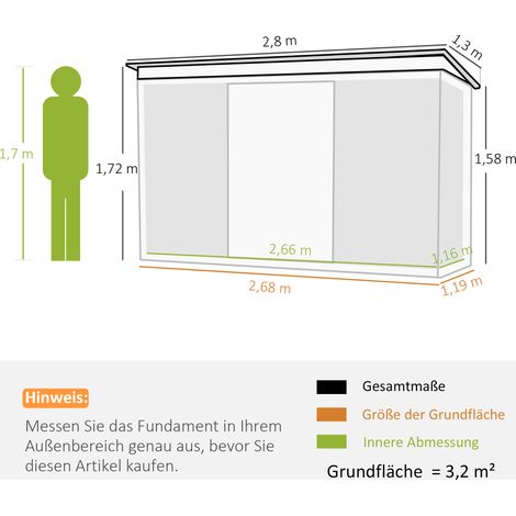 Garden Shed,Jardin Shed,Abri de jardin avec porte coulissante,fenêtre de ventilation,Toit monopente,Extérieur,Acier,Vert foncé,280 x 130 x 172 cm