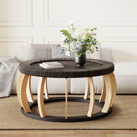 Mesa de centro redonda 90x90x43 cm negro y marrón, estilo ratán, MEUBLIV (1/5)