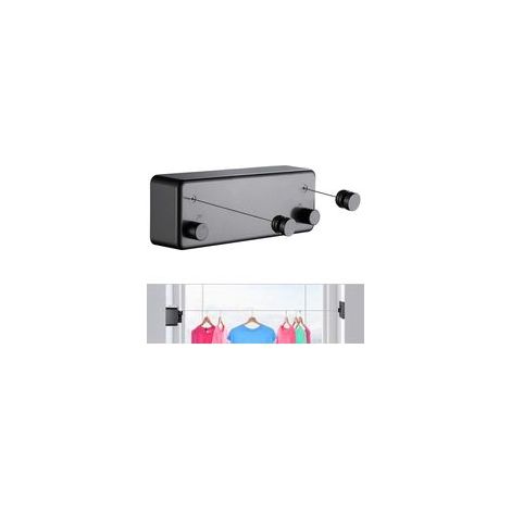 Corde à linge rétractable pour intérieur et extérieur - Robuste, 2 fils à linge de 4,2 m en acier inoxydable, fixation murale (perceuse) - Noir T (1/5)