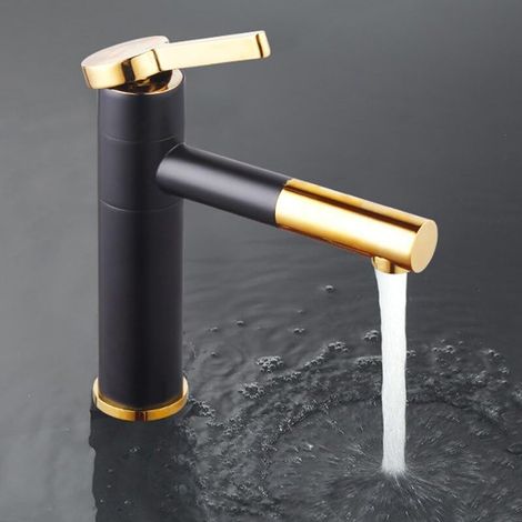 Schwarzer Schwenkwasserhahn mit vergoldetem Griff für elegantes Badezimmer-Waschtischarmatur (1/5)