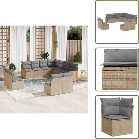 The Living Store 11-tlg. Garten-Sofagarnitur mit Kissen Beige Poly Rattan - Gartensessel (1/5)