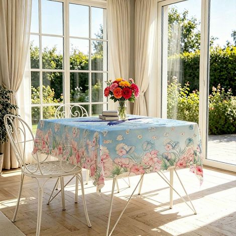 nappe rectangulaire à motif floral et oiseau bleu, nappe de table à thème garden-party, nappe résistante et facile à nettoyer pour la décoration estivale de la maison et (1/4)