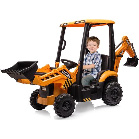 12V children's electric tractor, remote control, four-in-one excavator toy, bucket, bulldozer, tipper, horn, detachable roof, speed 2-4 km/h, yellow