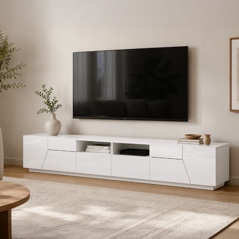 TV-Schrank Gregorio, niedriges Wohnzimmer-Sideboard mit 4 Türen, Fernsehständer-Basis, 100 % Made in Italy, 260 x 43 x 46 cm, glänzendes Weiß, (1/5)