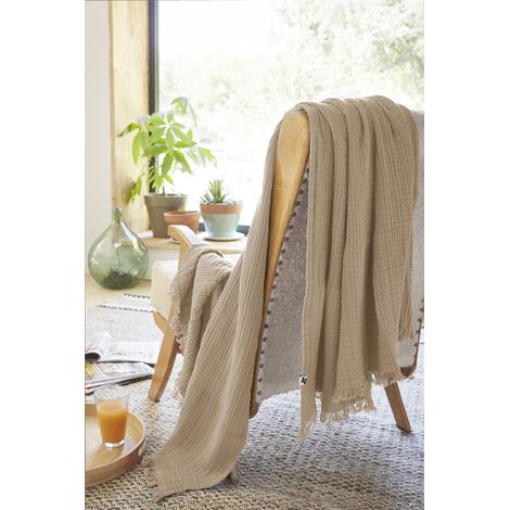 Plaid à franges 130 x 160 cm – Double Gaze de Coton – GAÏA Ficelle (1/3)
