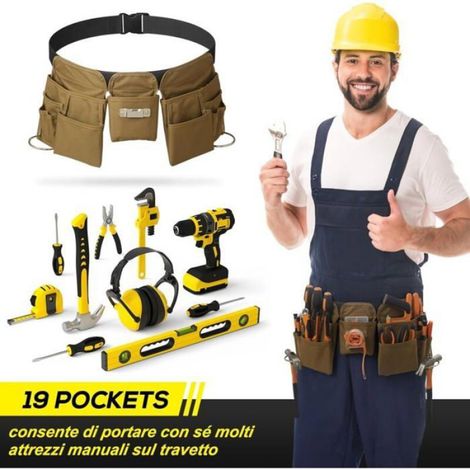 Ceinture Porte-Outils - Polyester 1000D - 19 Poches - Ajustable 31 À 50 Pouces - Kaki (1/4)