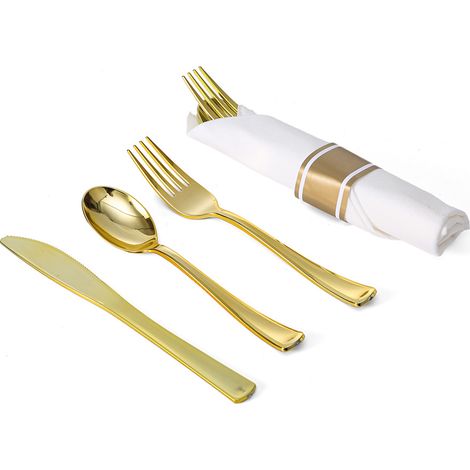 Ensemble de 25 pièces de couverts en plastique doré, y compris serviettes, serviettes enroulées et couverts, idéal pour la Saint-Valentin, la Fête de la Mère et Pâques