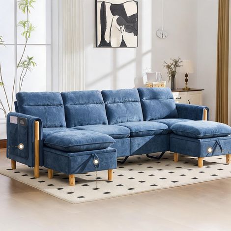 Canapé modulable en U avec poufs de rangement en tissu bleu (1/5)