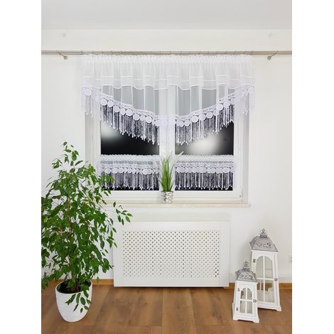 Küchengardine mit Falten 300x90 cm + 2x 130x45 cm - Voile, Lambrequin und Guipure (1/5)