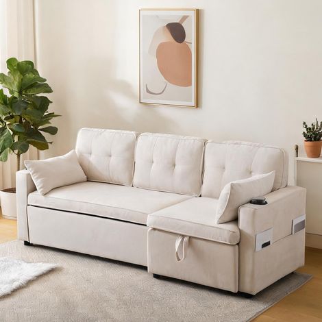 Canapé lit d'angle 211 cm en tissu beige réversible (1/5)