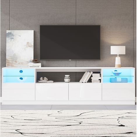 Mueble TV 180x35x60 cm blanco en tablero de partículas con LED, 4 puertas y 8 espacios de almacenaje (1/5)